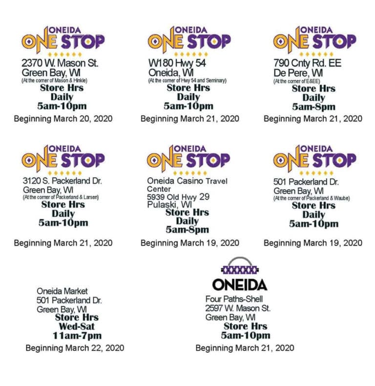 Oneida Nation Oneida Retail locations adjust hours of operation