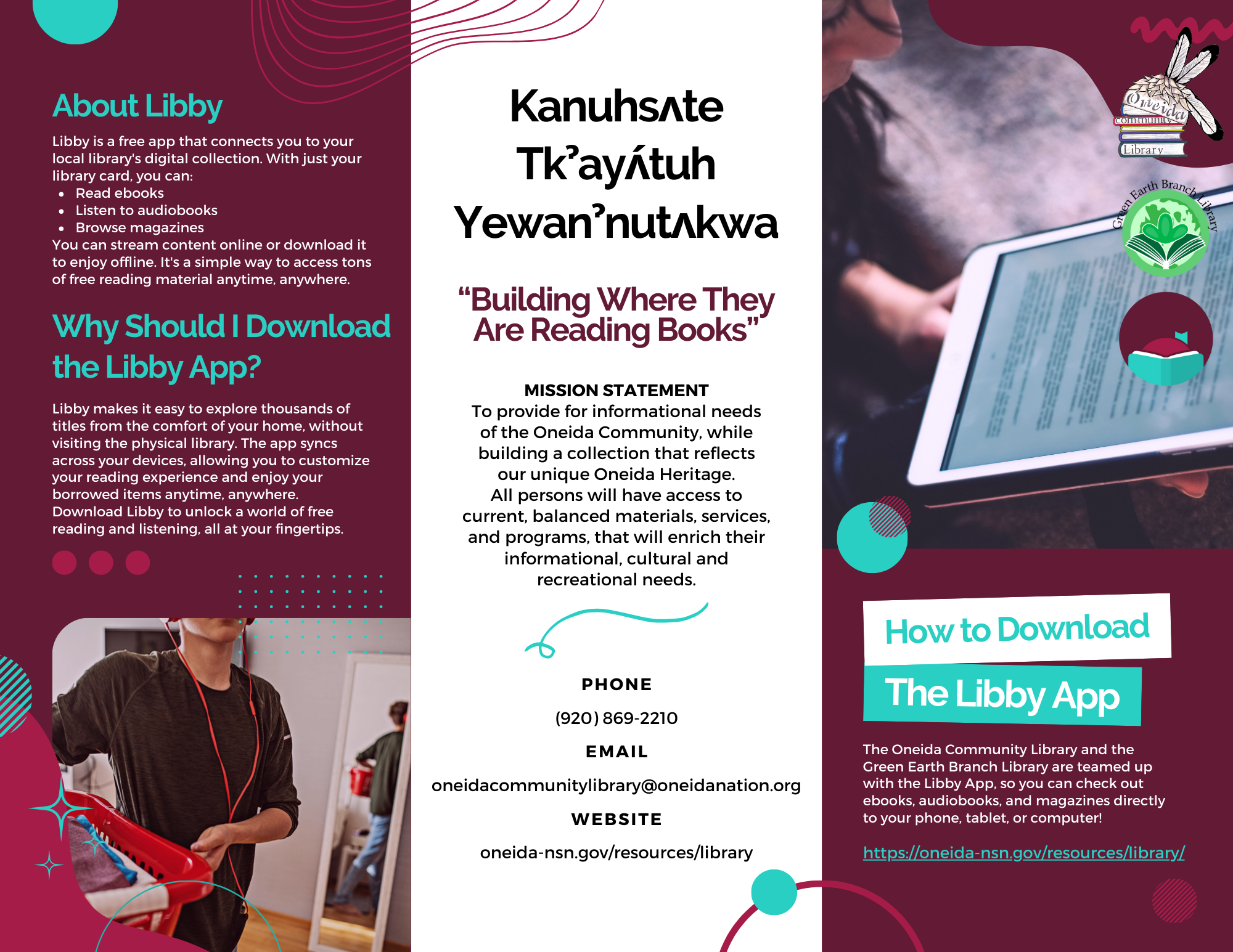 A three-column pamphlet about the Libby app detailing its benefits, a mission statement, and download information, with a focus on promoting reading through a library community initiative.