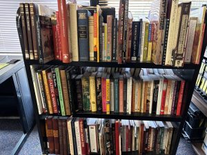 Donated books on book cart
