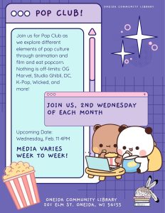 Promotional flyer for Pop Club at Oneida Community Library with cartoon bears, popcorn, and event details.