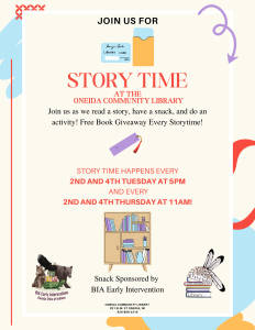 Flyer for Story Time at the Oneida Community Library, featuring event details, timings, and sponsor information.