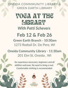 Flyer for yoga sessions at Oneida Community Library and Green Earth Library, featuring dates, locations, and details.