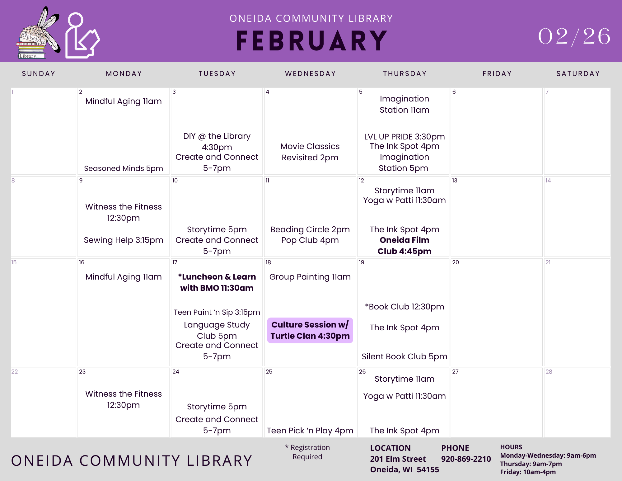 February calendar of events for the Oneida Community Library with various activities listed for each day.