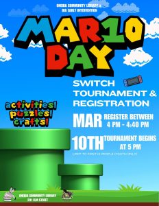 Event poster for Mario Day on March 10 at 4 pm, with gaming and activities information.