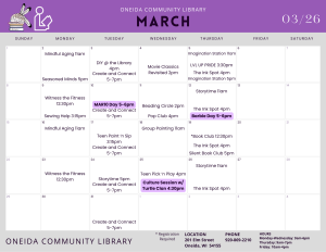 Calendar of events for March from Oneida Community Library with detailed daily schedule and contact information.