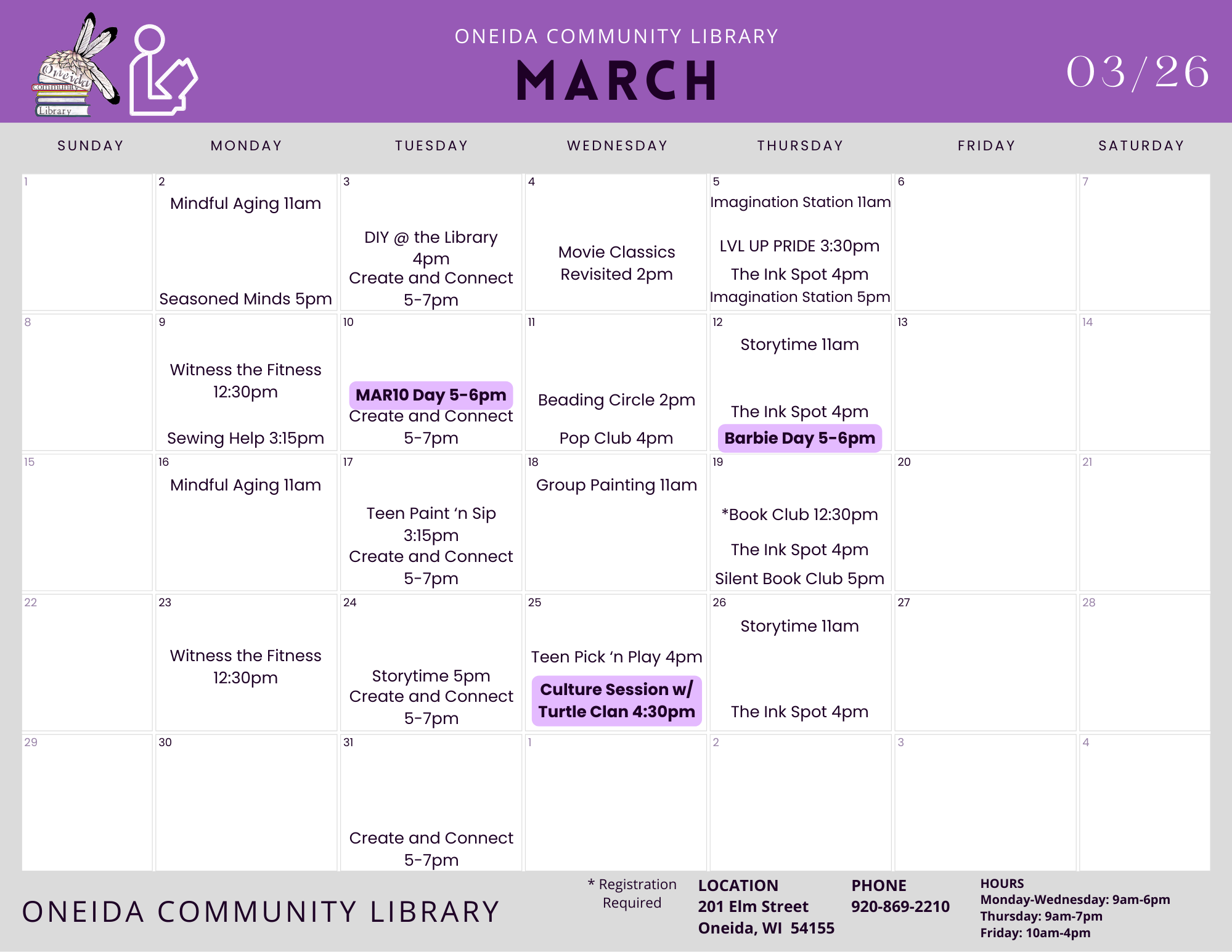 Calendar of events for March from Oneida Community Library with detailed daily schedule and contact information.