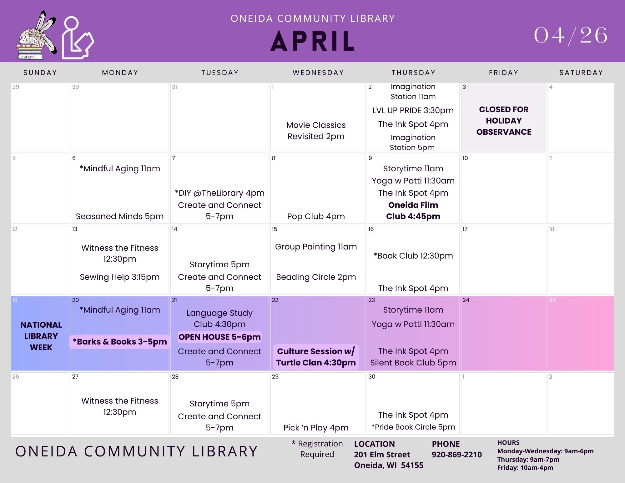 Printable Image of Calendar of events for April from Oneida Community Library with detailed daily schedule and contact information.