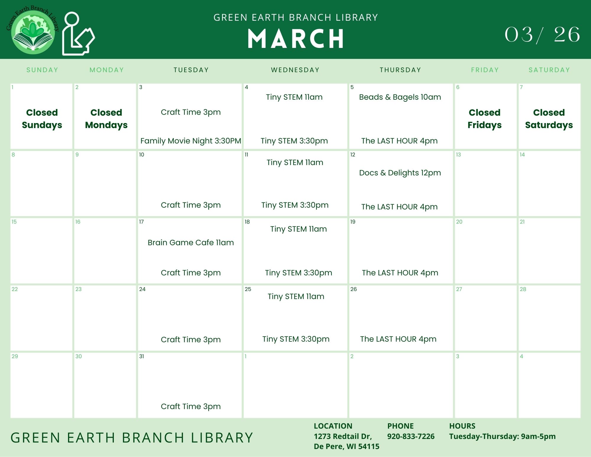 Printable Image of Calendar of events for March from Green Earth Branch Library with detailed daily schedule and contact information.