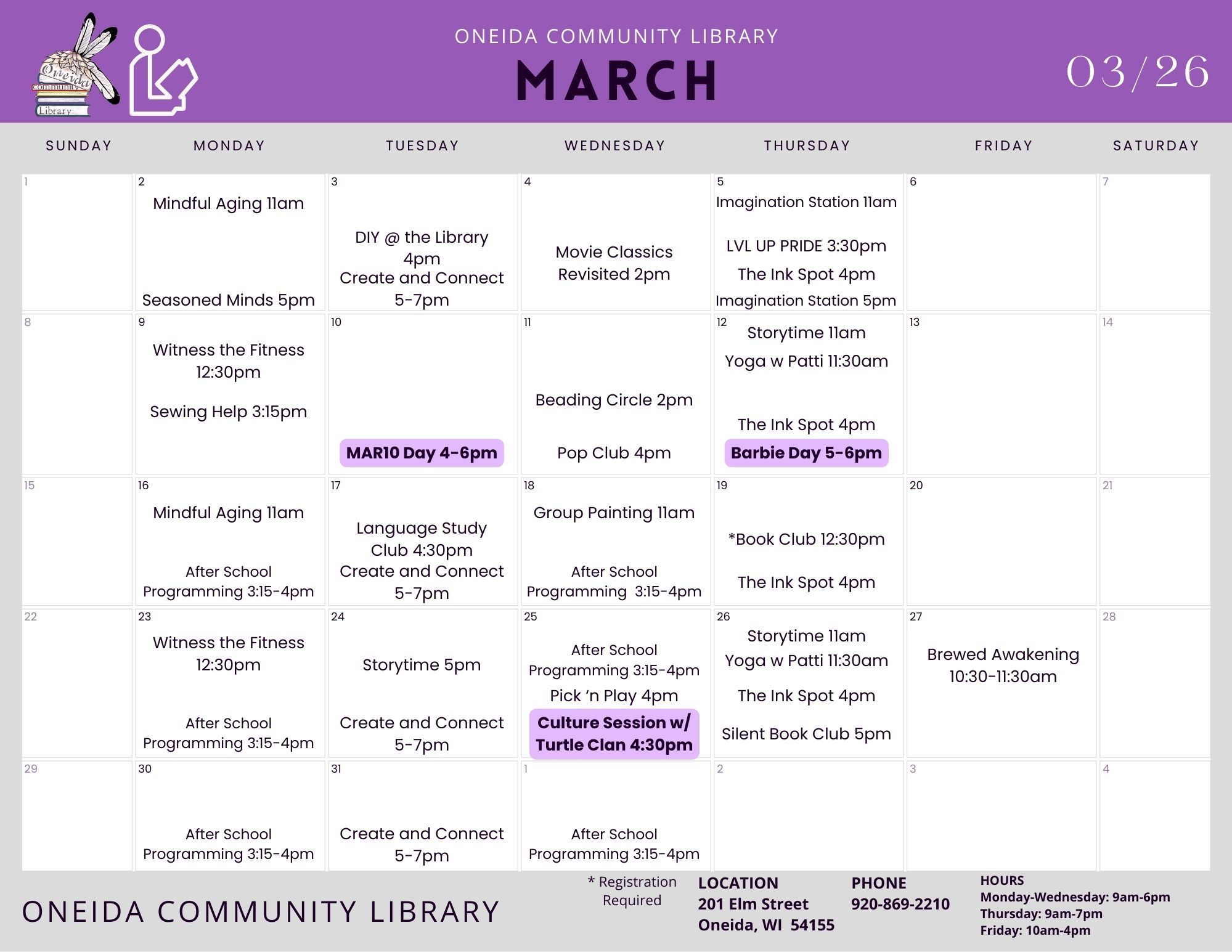 Printable Image of Calendar of events for March from Oneida Community Library with detailed daily schedule and contact information.