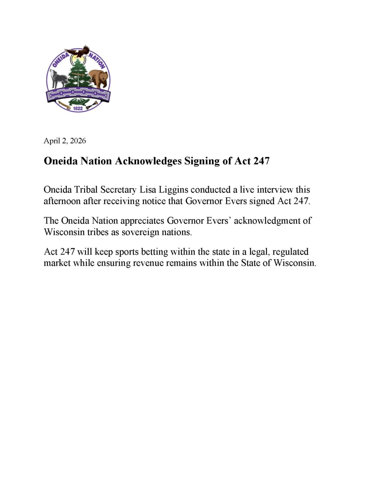 Oneida Nance Oneida Nation | Oneida Nation Acknowledges Signing of Act 247