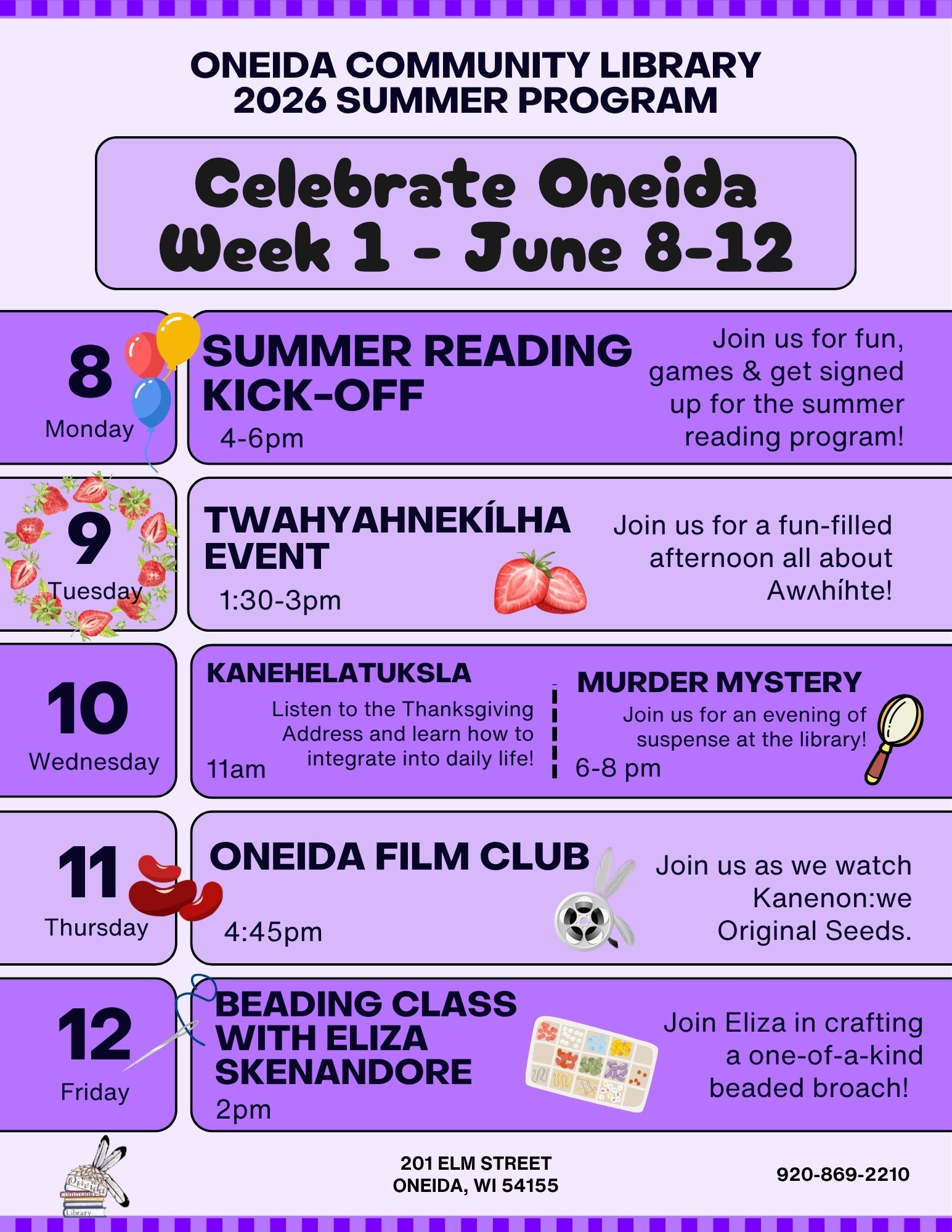 Flyer for Oneida Community Library's 2026 Summer Program events from June 8-12, highlighting activities for each day.