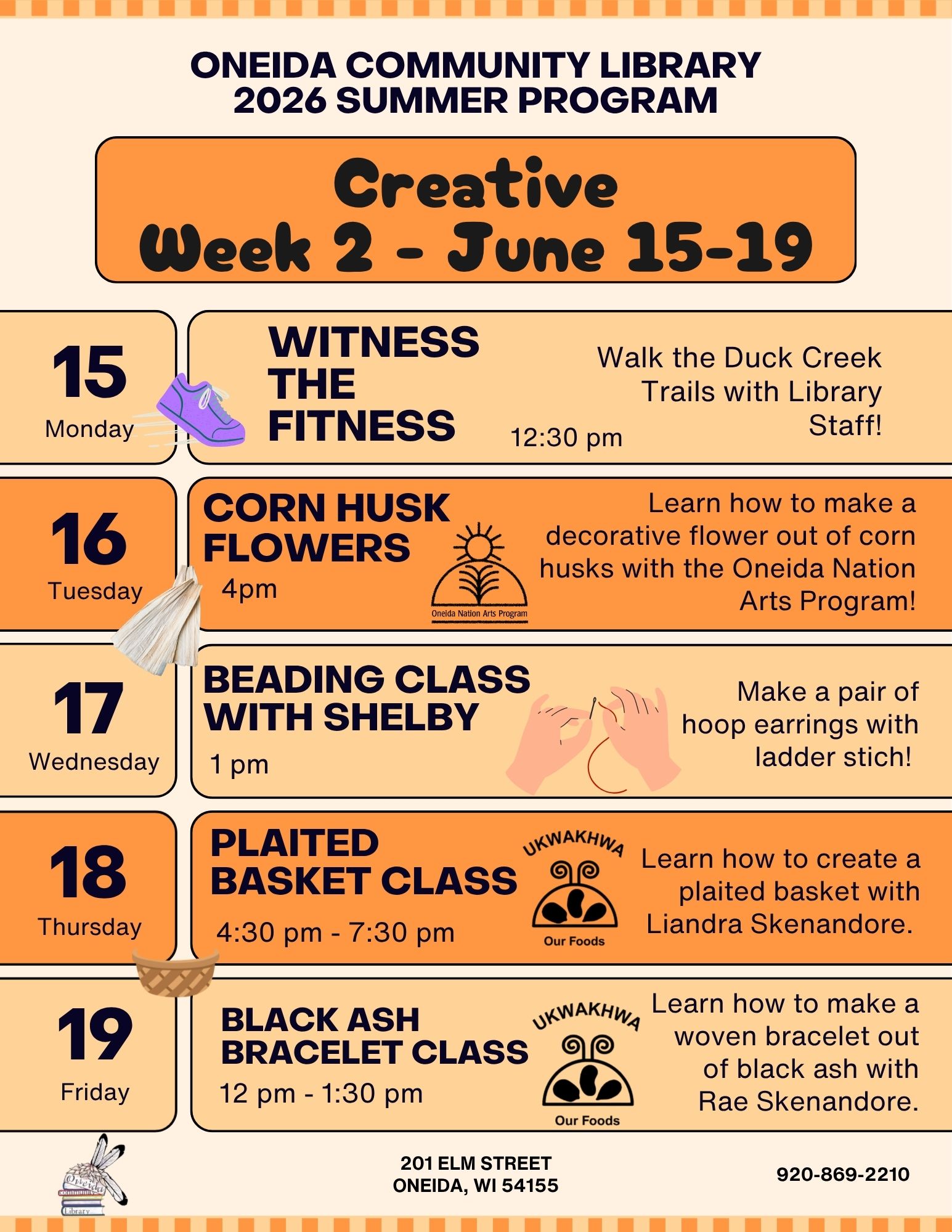 Promotional flyer for Oneida Community Library's Creative Week 2, detailing daily events from June 15-19, 2026.