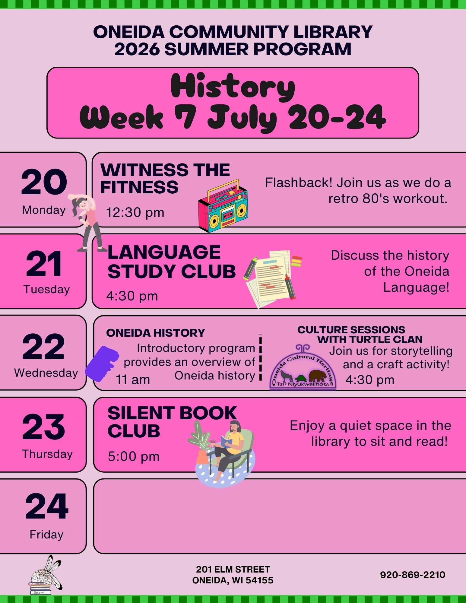 Flyer for Oneida Community Library 2026 Summer Program, History Week 7, July 20-24, detailing daily activities with colorful icons and times.