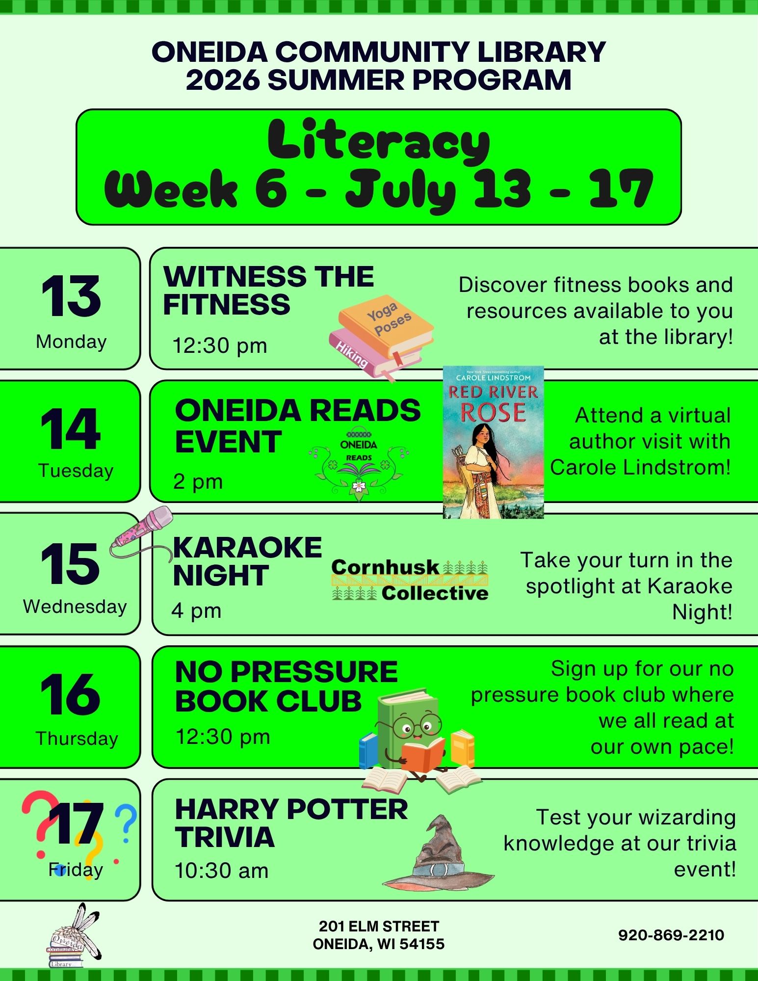 Flyer for Oneida Community Library's Literacy Week 6, July 13-17, with daily events listed.