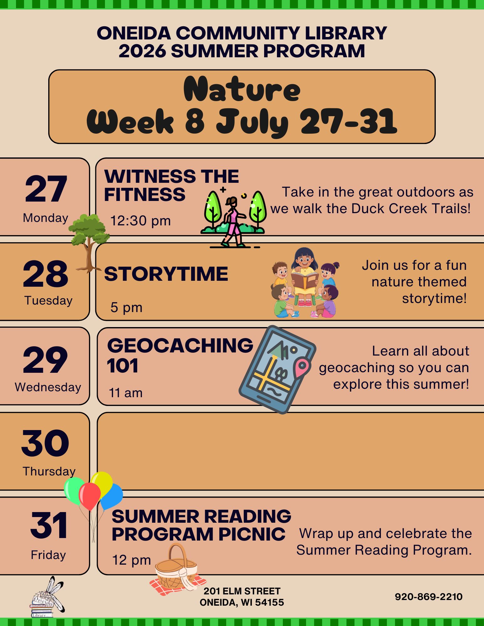 Nature Week 8 events for July 27-31 at Oneida Community Library, featuring activities like walking, storytime, geocaching, and a picnic.