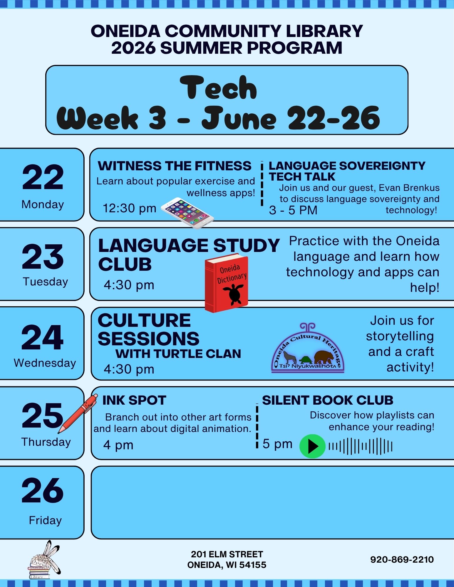 Flyer for Oneida Community Library's Tech Week 3, June 22-26, featuring daily events.