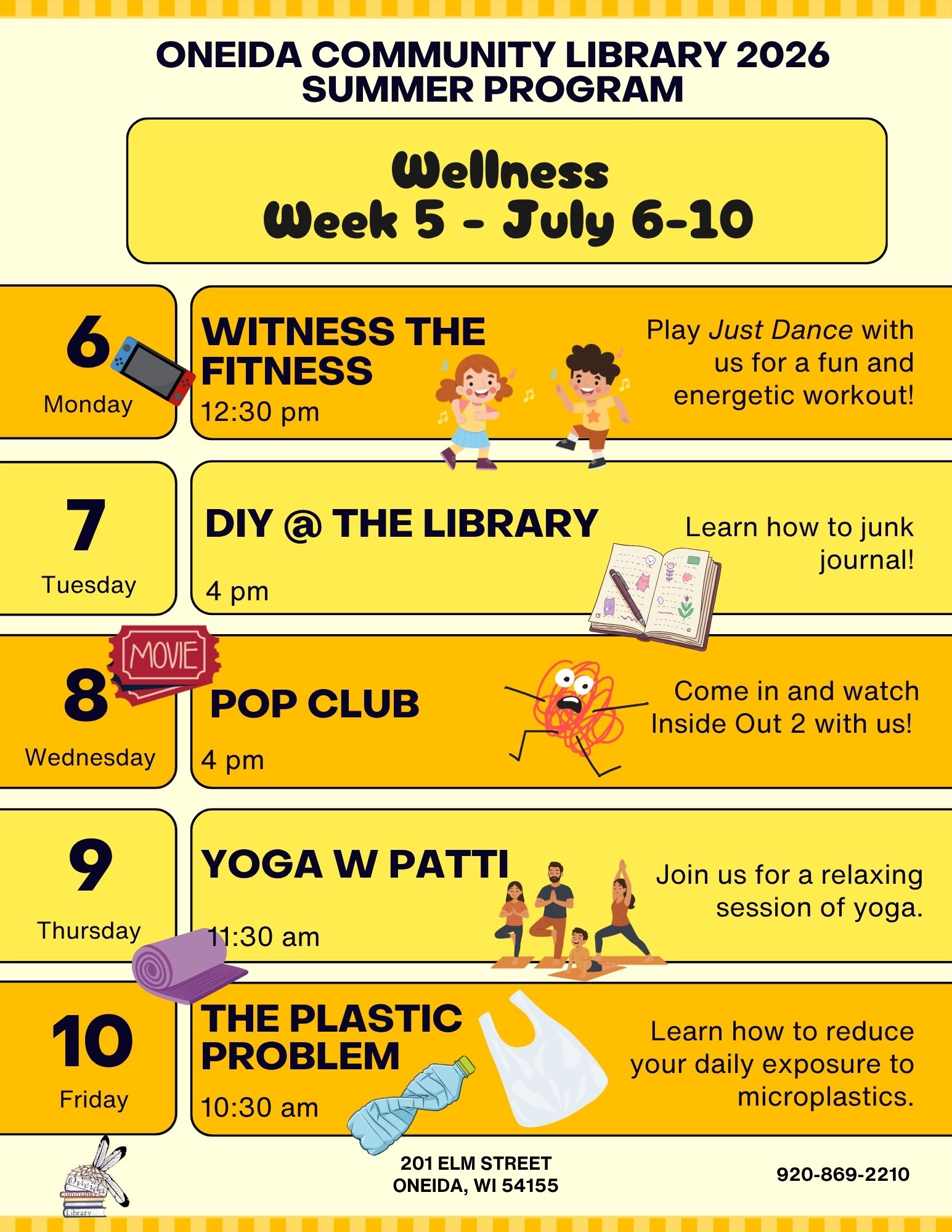 Flyer for Oneida Community Library's Wellness Week 5, July 6-10, 2026, with daily activities listed.